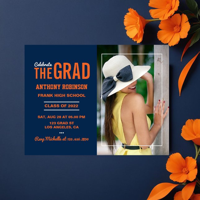 Carte Postale Photo de la fête de graduation orange et bleu (Orange and Blue Graduation Party Photo Postcard)