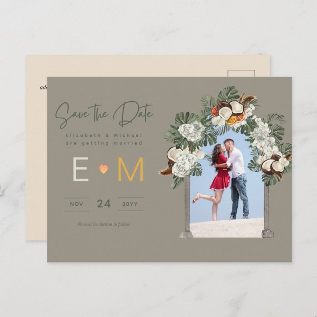 Carte Postale Photo de mariage à sauvegarder à la date Olive Gre (Devant / Derrière)