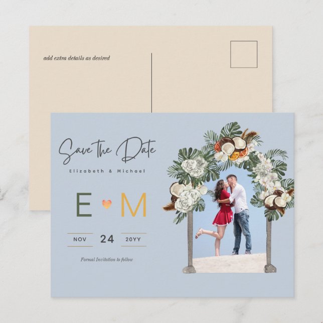Carte Postale Photo de mariage à venir Dusty Blue Floral (Devant / Derrière)