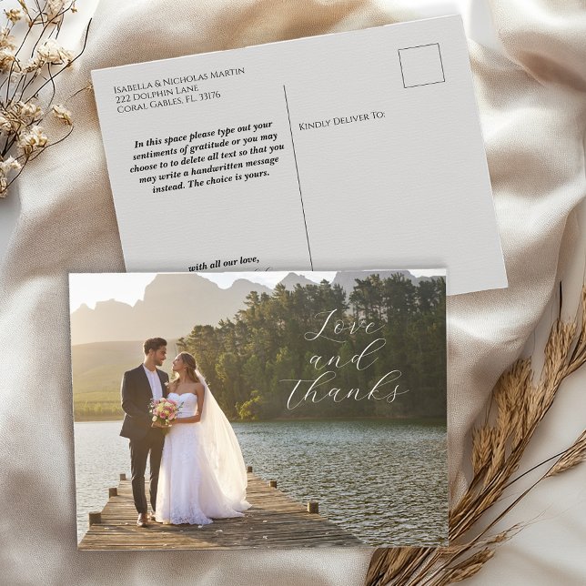 Carte postale photo de mariage avec amour et remer (Love & Thanks Postcard)