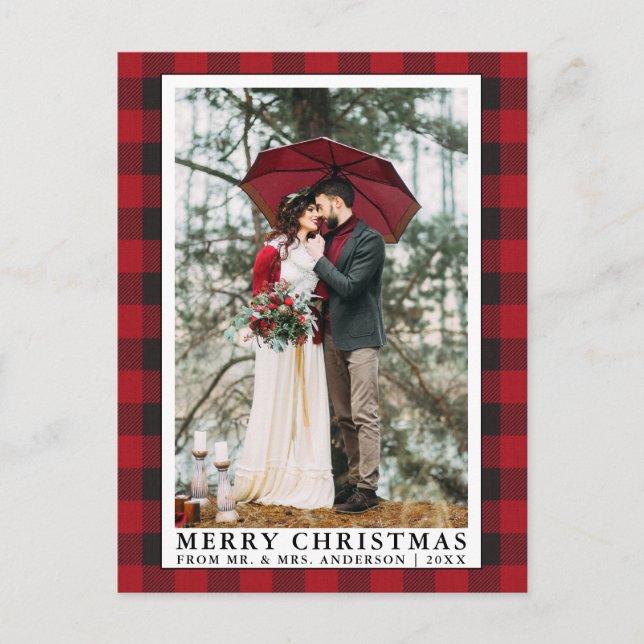 Carte Postale Photo de mariage de Noël plaid rouge buffle Merry  (Devant)