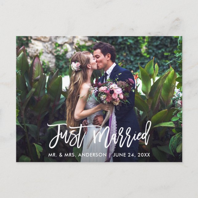 Carte Postale Photo de mariage Just Married en écriture moderne  (Devant)