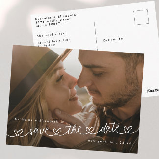 Carte Postale Photo de mariage moderne noir et blanc Save The Da