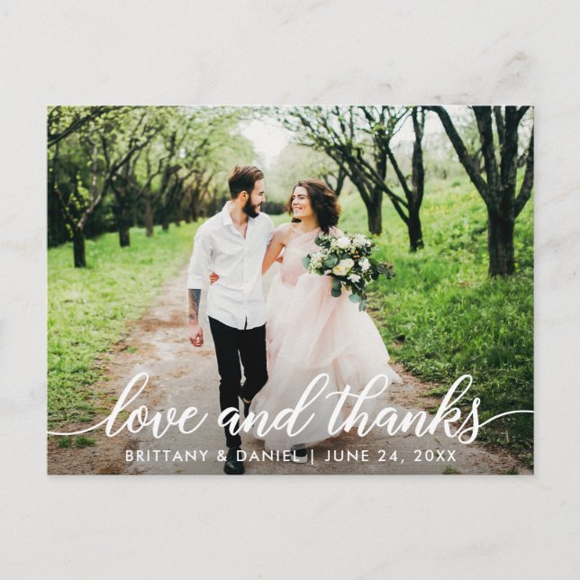 Carte Postale Photo de mariage Moderne Script Amour et Merci W (Devant)