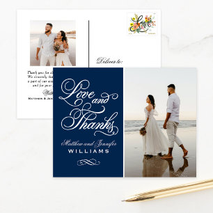 Carte Postale Photo de mariage Navy Ornate Love et Merci