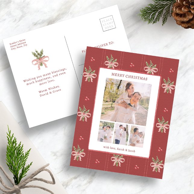 Carte postale photo de Noël botanique rouge (Vintage Botanical Photo Christmas Postcard Watercolor Holly & Red Bow Design by Painted Paperie)