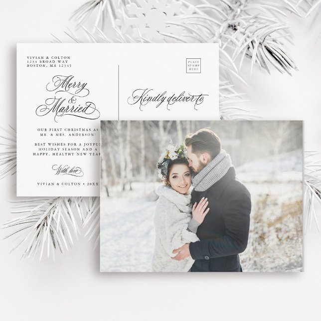 Carte Postale Photo de Noël des jeunes mariés (Front & Back)