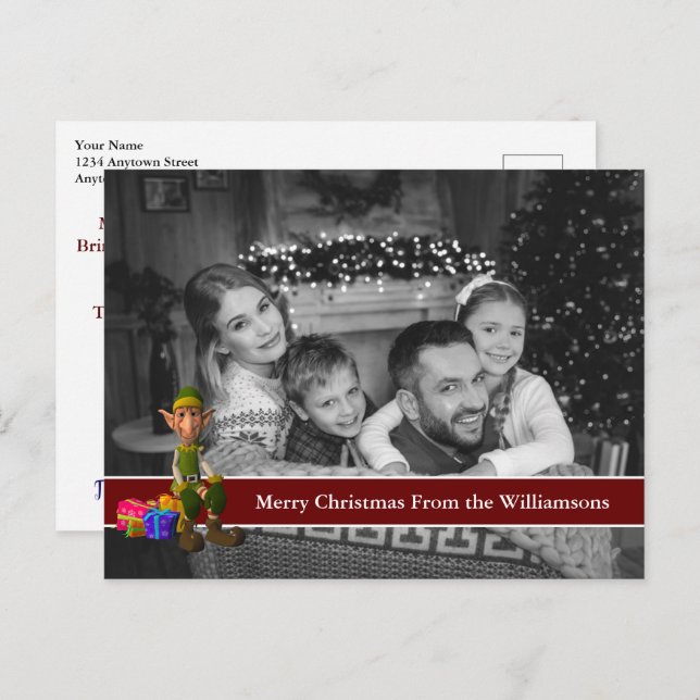 Carte Postale Photo de Noël en noir et blanc avec Elf amusant (Devant / Derrière)
