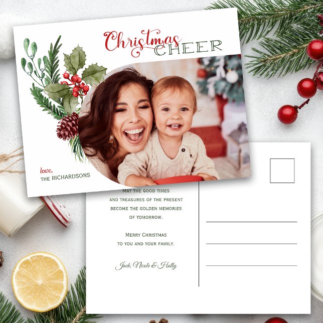 Carte Postale Photo de Noël Floral Moderne avec Écriture "Cheer" (Créateur téléchargé)