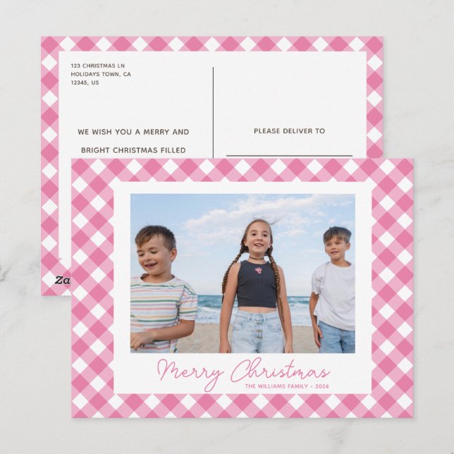 Carte postale photo de Noël gingham rose moderne (Devant / Derrière)