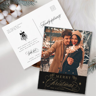 Carte Postale Photo de Noël romantique or et noir Joyeux Noël