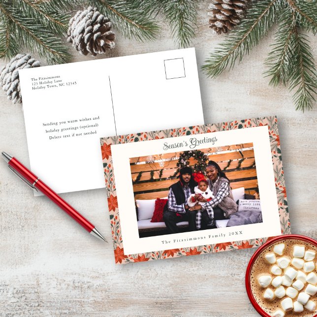 Carte postale Photo de Noël rose vif (Poinsettia Season Photo Christmas Postcard blush pink)