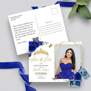 Carte Postale Photo de Quinceañera en bleu royal et or couronne
