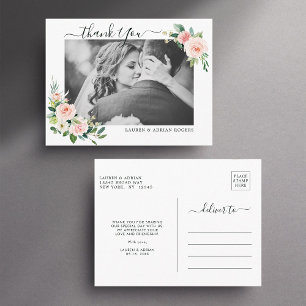 Carte Postale Photo de remerciement de mariage à fleurs rose ten