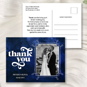 Carte Postale Photo de remerciement de mariage bleu moderne