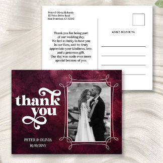 Carte Postale Photo de remerciement de mariage moderne en Bourgo