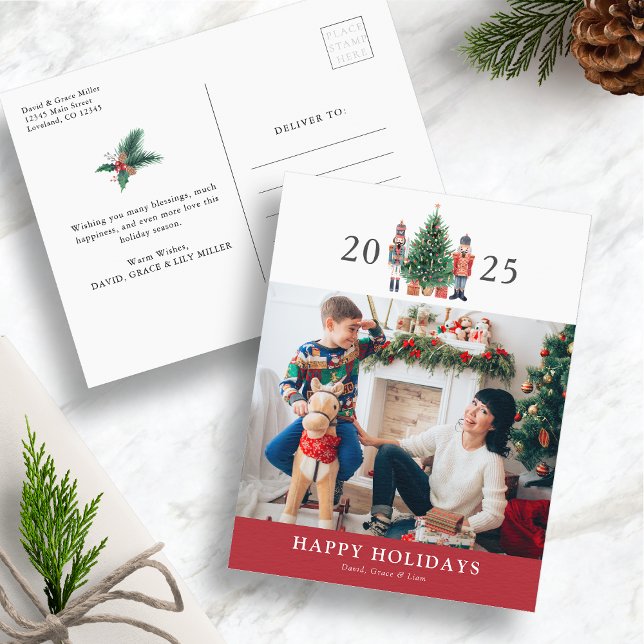 Carte postale photo de vacances joyeuses (Happy Holidays 2025 Nutcracker Red Photo Christmas Postcard by Painted Paperie)