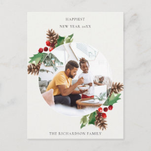 CARTE POSTALE PHOTO DU NOUVEL AN ROUGE GREEN HOLLY BERRY PINE CO