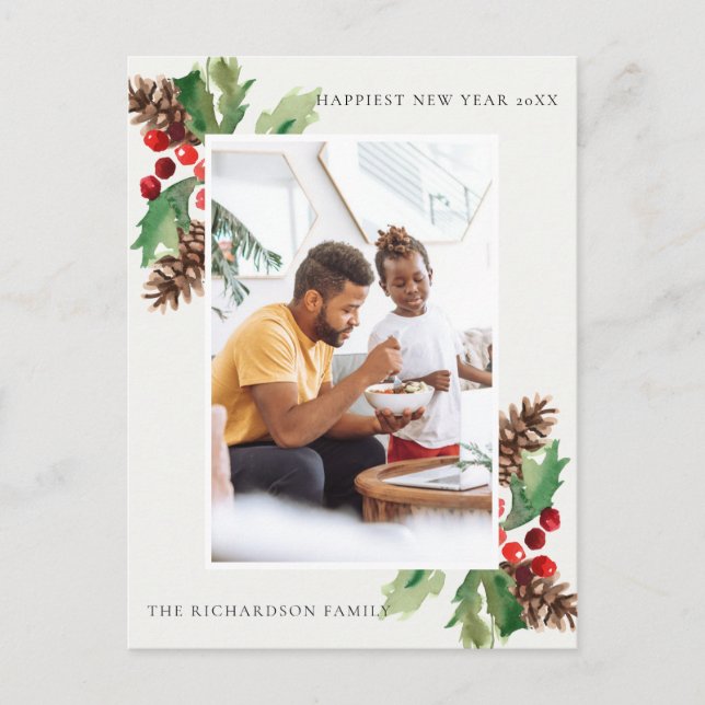 CARTE POSTALE PHOTO DU NOUVEL AN ROUGE GREEN HOLLY BERRY PINE CO (Devant)