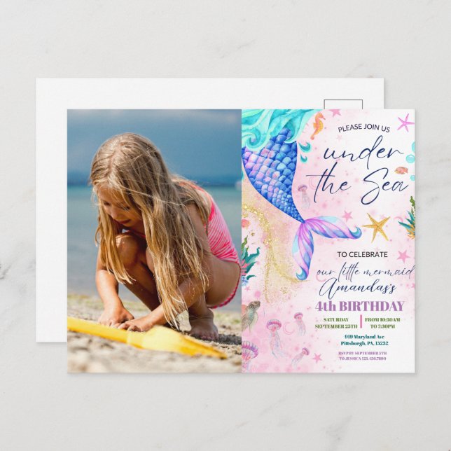 Carte Postale Photo en aquarelle de sirène Anniversaire sous la  (Devant / Derrière)