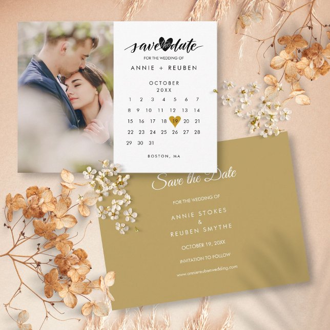 Carte Postale Photo Enregistrer la date Calendrier Mariage Gold  (Photo Save the Date Calendar Wedding Gold Heart Postcard)