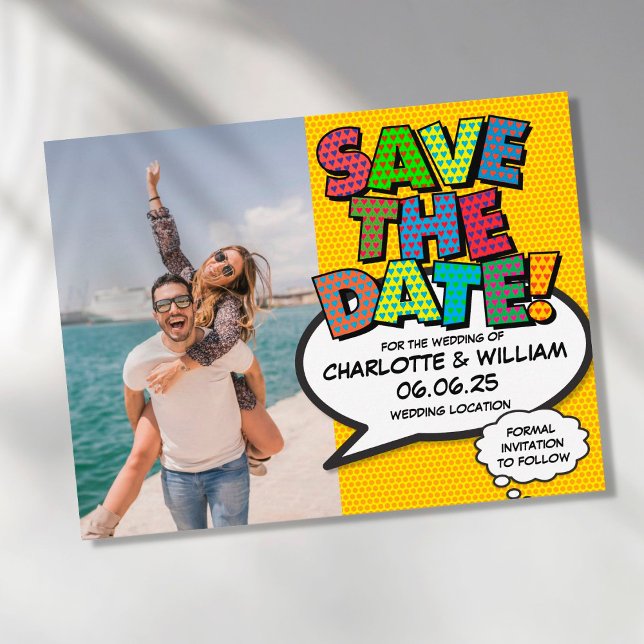Carte Postale Photo Enregistrer la Date Fun Retro Bande Dessinée (Créateur téléchargé)