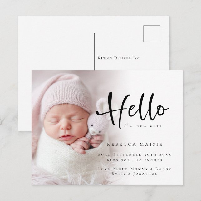 Carte Postale Photo Faire-part de naissance pour bébé Hello mode (Devant / Derrière)