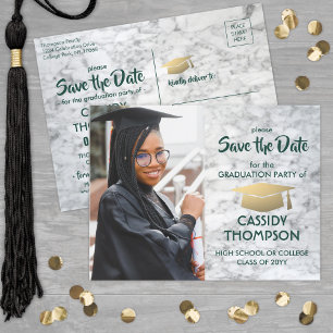 Carte Postale Photo Green & Gold Marble Graduation Enregistrer l