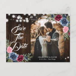Carte Postale Photo Mariage floral rose bleu marine Bourgogne