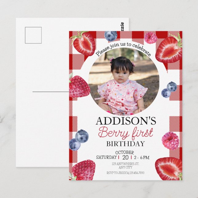 Carte Postale Photo mignonne Rouge Bleu Berry Sweet 1er annivers (Devant / Derrière)
