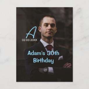 Carte Postale Photo monogramme joyeux 30e anniversaire bleu blan