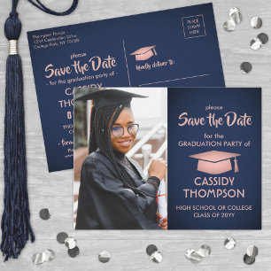 Carte Postale Photo Navy Rose Rose Gold Graduation Enregistrer l