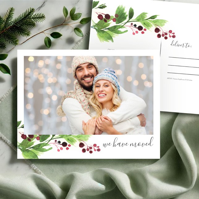 Carte Postale Photo New Home Holiday Moving Announcemet (Christmas postcard photo new address moving announcement watercolor art by Victoria Grigaliunas)