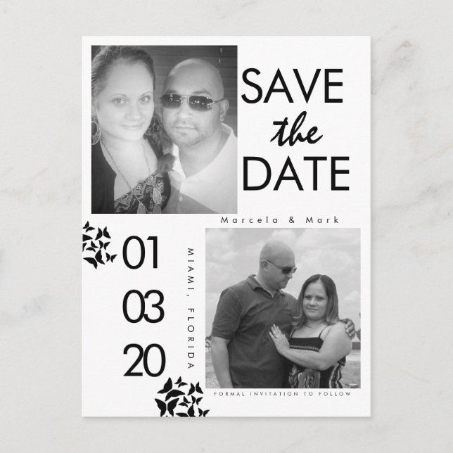 Carte Postale Photo Noir Blanc Save The Dates Papillon (Devant)