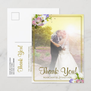 Carte Postale Photo Pastel Floral Gold Frame Wedding Thank You