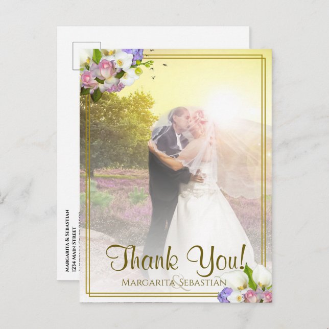Carte Postale Photo Pastel Floral Gold Frame Wedding Thank You (Devant / Derrière)