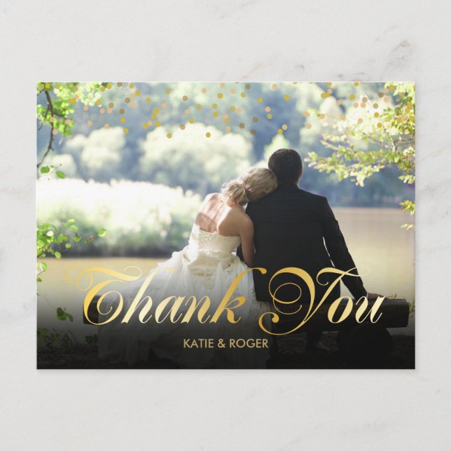Carte Postale Photo personnalisée Gold Confetti Script Merci (Devant)