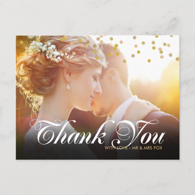 Carte Postale Photo personnalisée Gold Confetti Script Merci (Devant)