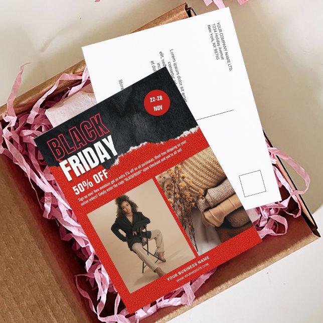 Carte Postale Photo personnalisée Rouge Black Vendredi Promo pro (Custom Photo Red Black Friday Product Promo Postcard)