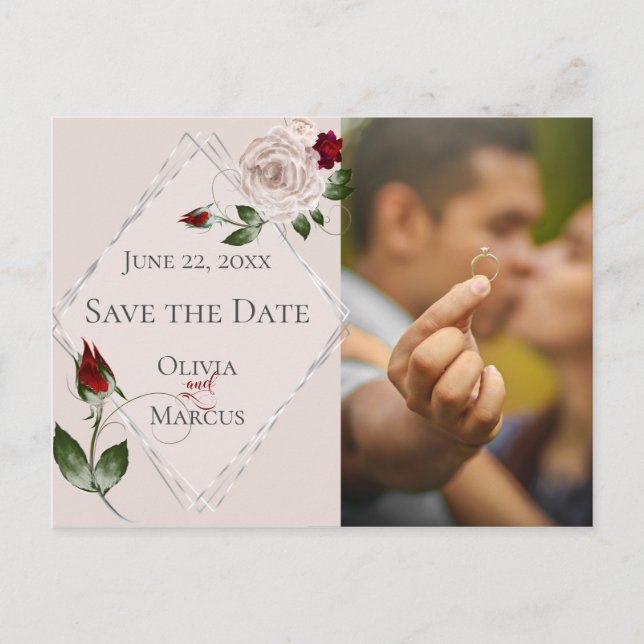 Carte Postale Photo Save the Date Blush and Wine Roses (Devant)