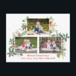 Carte Postale Photo Solive Holiday Floral Three<br><div class="desc">Display three of your keepsake photos in this custom template featuring watercolor-style holiday flowers,  berries and leaves with editable text fields. Suitable for landscape images. Complementary floral pattern on back with editable text fields</div>