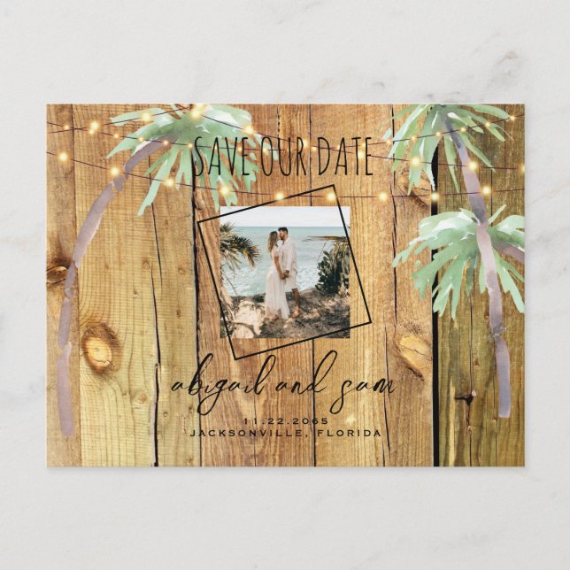 Carte Postale Photo Tropical Palm & Wood Couple Save Our Date (Devant)