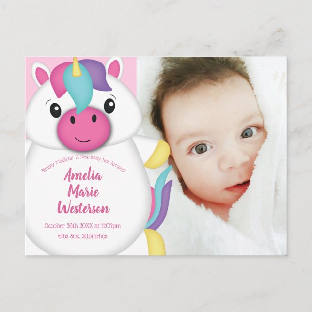 Carte Postale Photo Unicorn Baby Faire-part de naissance (Devant)