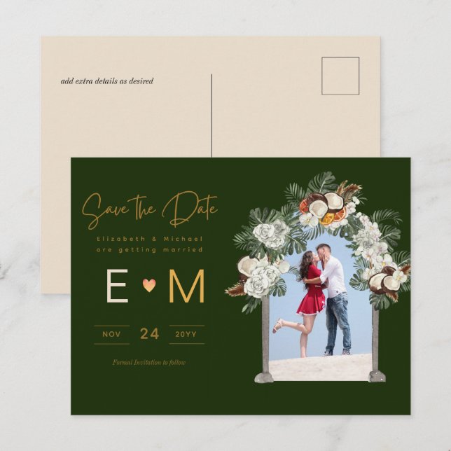 Carte Postale Photo Wedding Save the Date Emerald Green Floral (Devant / Derrière)