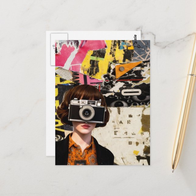Carte Postale Photographer Woman Grunge Mixed Media Collage  (Devant/Arrière en situation)
