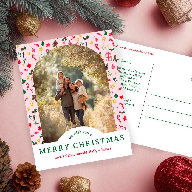 Carte Postale Photographie de l'arc de griffes de griffes de gri (Whimsical CHRISTMAS Doodles CUSTOM Arch PHOTO Holiday Pink Postcard
)