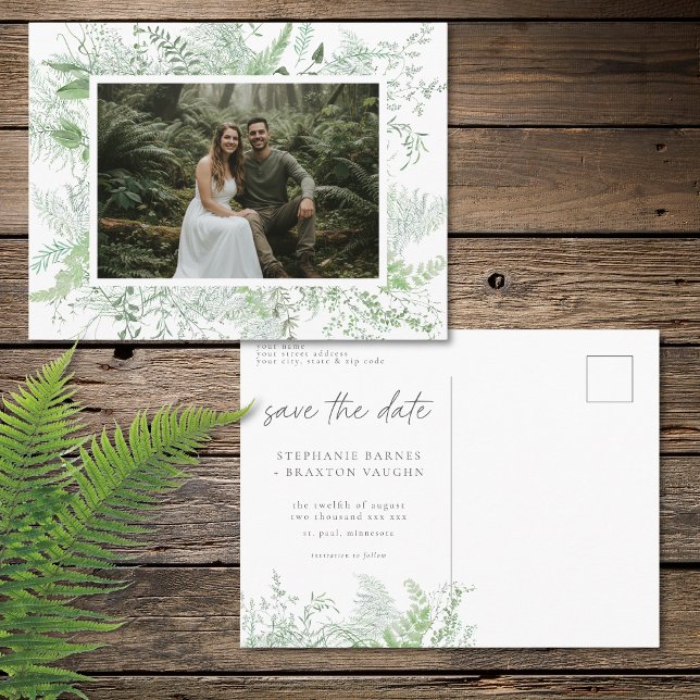 Carte Postale Photographie de sauvegarde de date de fougère de v (Watercolor Greenery Fern Rustic Save Date Photo Postcard)
