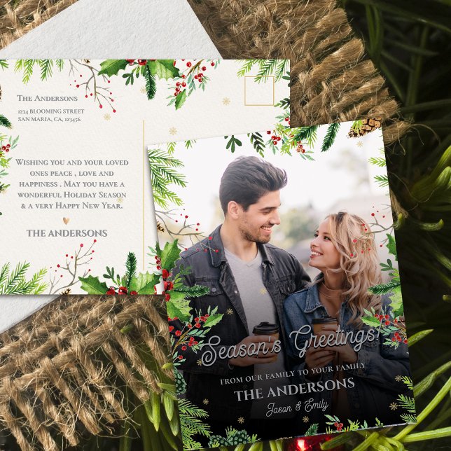Carte Postale Photos des voeux de la saison des fêtes de Noël (Christmas Greenery Border Season’s Greetings Photo Postcard)