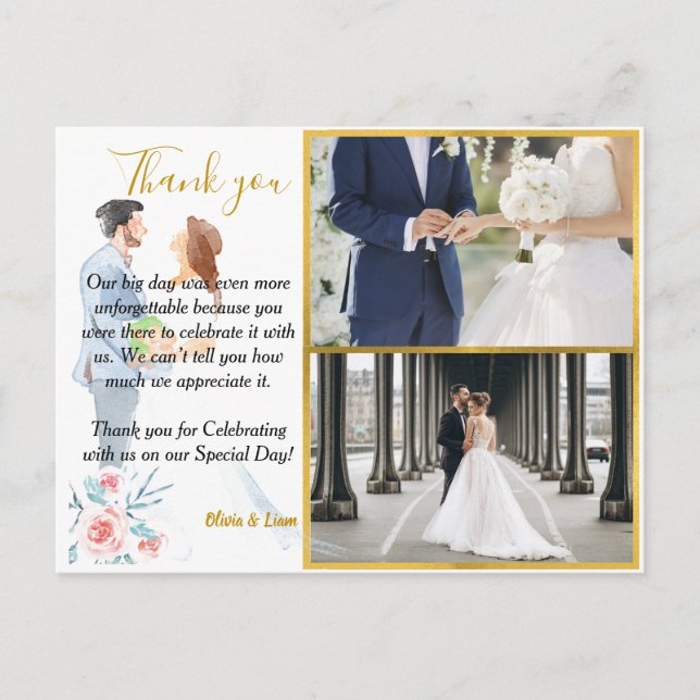 Carte Postale Photos Gold Frame Aquarelle Mariage Merci (Devant)