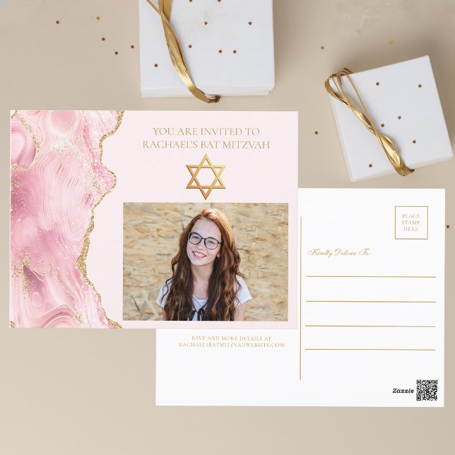 Carte Postale Pic Rose Gold Agate Bat mitzvah Photo Party (Créateur téléchargé)